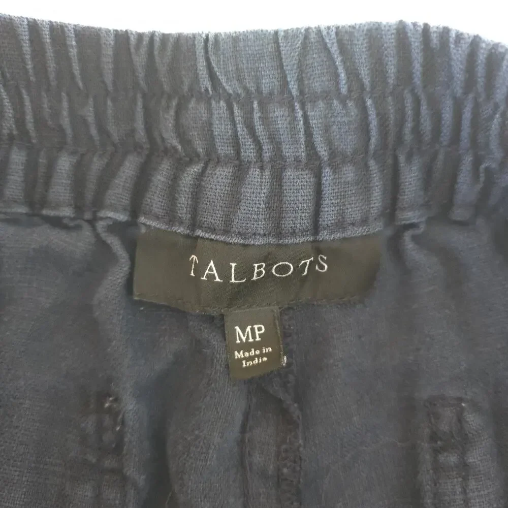 Talbots Navy Blue 100% Linen Drawstring Elastic Waist Shorts Medium Petite